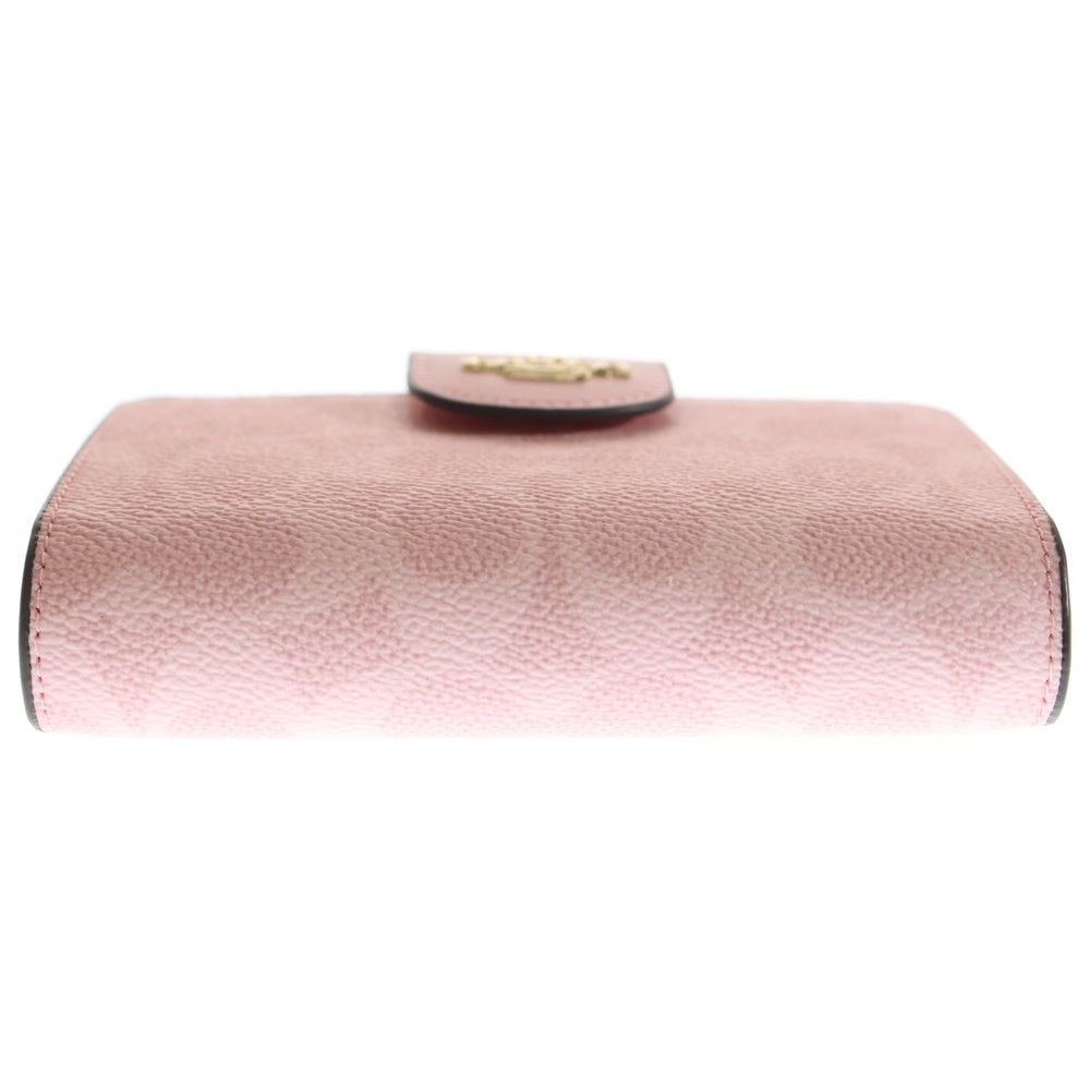 COACH(コーチ) シグネチャーロゴ コンパクトウォレット 三つ折り財布 コインケース ピンク PVC レザー ゴールド金具 レディース