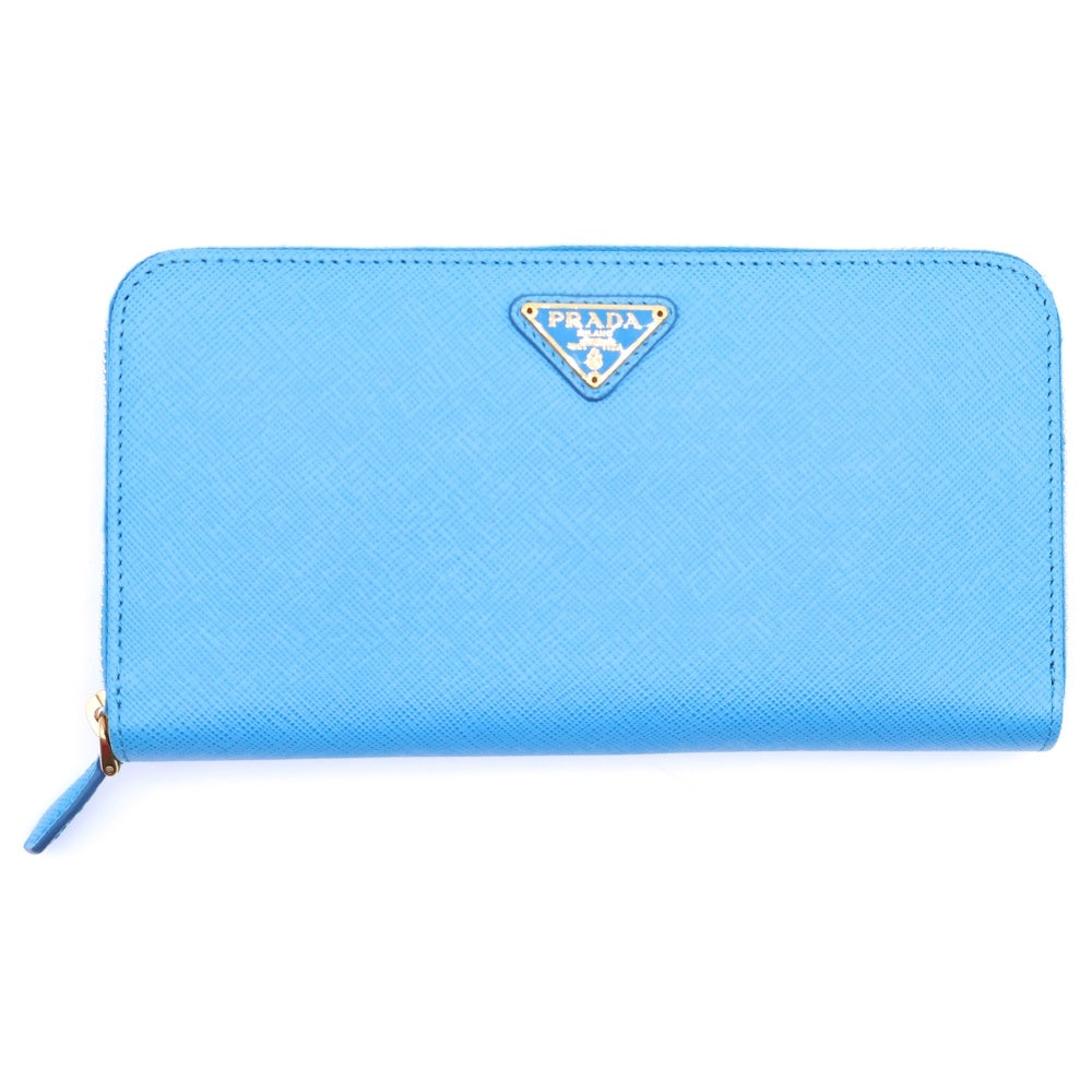 PRADA(プラダ) トライアングルロゴ ラウンドファスナー 長財布 ロングウォレット カードケース ライトブルー レザー 1ML506 ゴールド金具