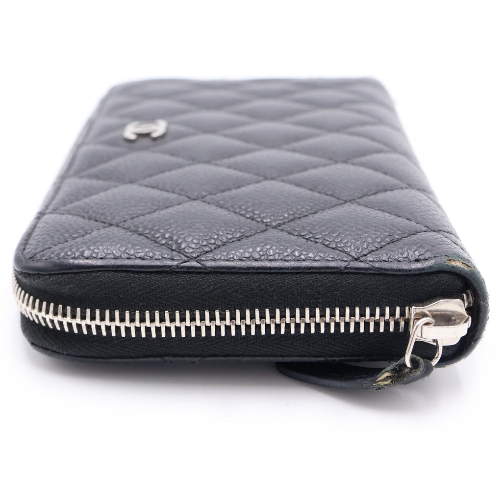 CHANEL(シャネル) マトラッセ ラウンドファスナー長財布 ロングウォレット カードケース ブラック キャビアスキン シルバー金具 レディース