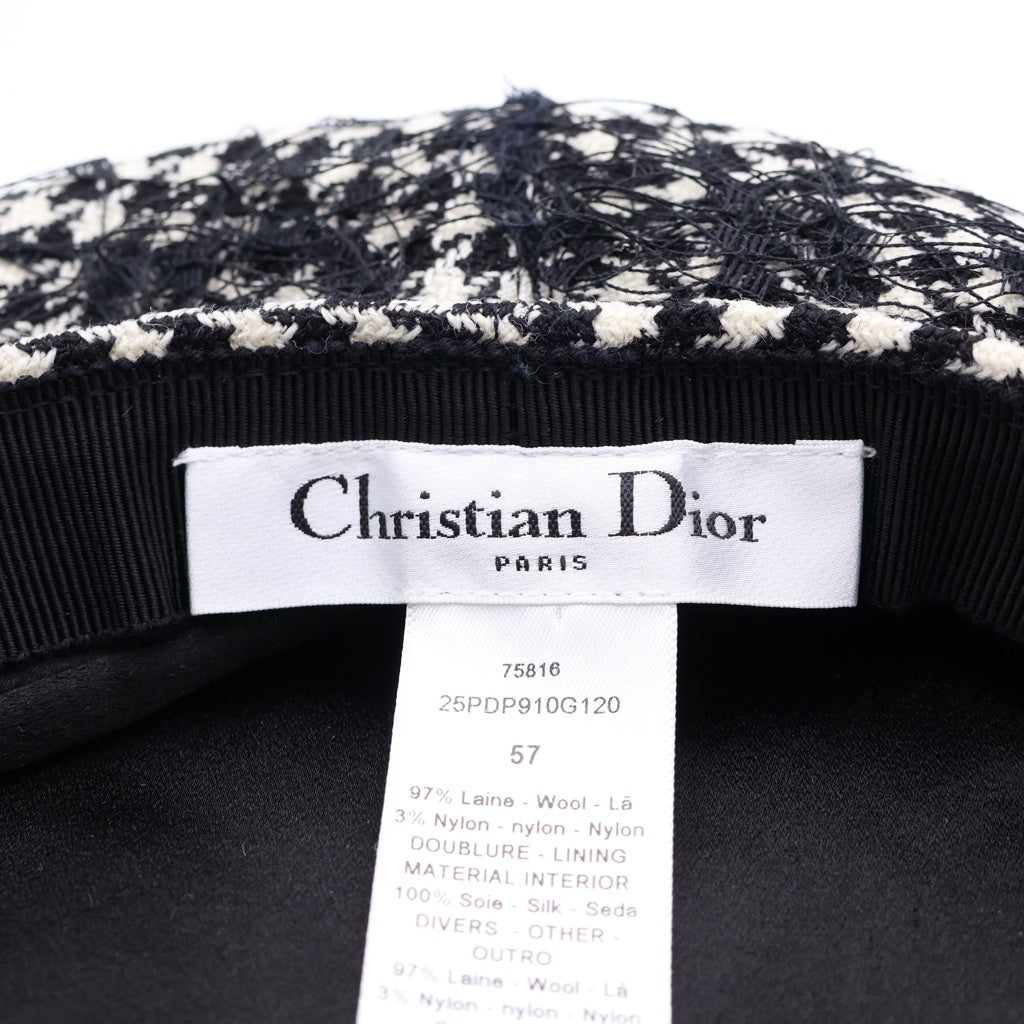 DIOR(ディオール) チェック 千鳥柄 レース レイヤード ベレー 帽子 ブラック/ホワイト 25PDP910G120 レディース