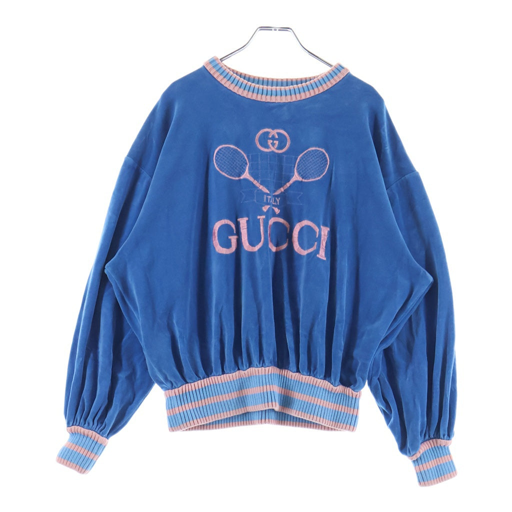 GUCCI(グッチ) テニスロゴモチーフ 刺繍 ベロア コットン スウェット プルオーバー トップス #S ブルー レディース