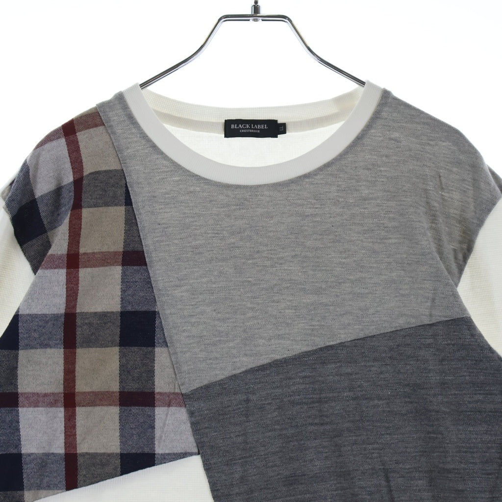 BURBERRY BLACK LABEL(バーバリー ブラックレーベル) クレストブリッジチェック パッチワーク コットン 長袖 Tシャツ #LL ホワイト/グレー レディース