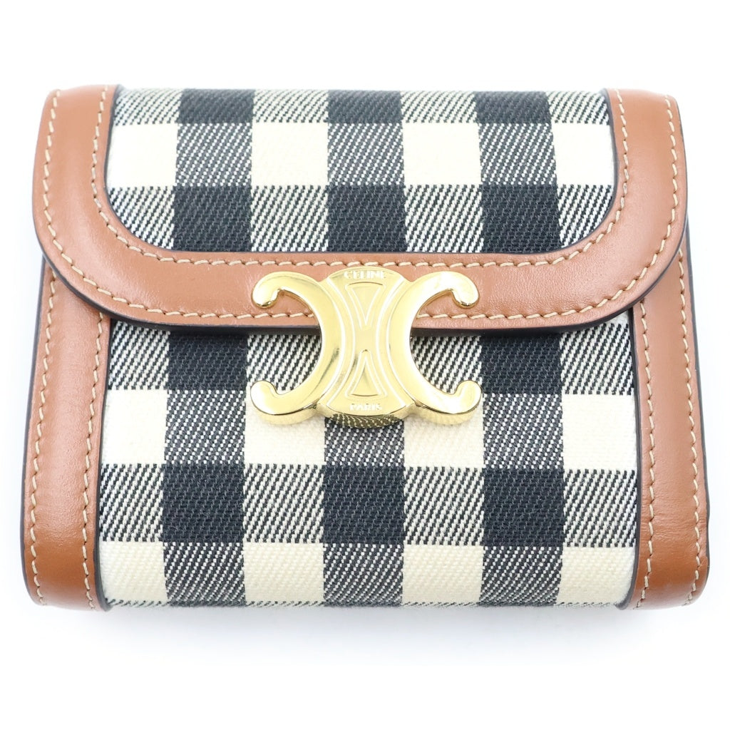 CELINE(セリーヌ) トリオンフ チェック 三つ折り財布 コンパクトウォレット コインケース ブラウン×アイボリー レザー ゴールド金具 レディース