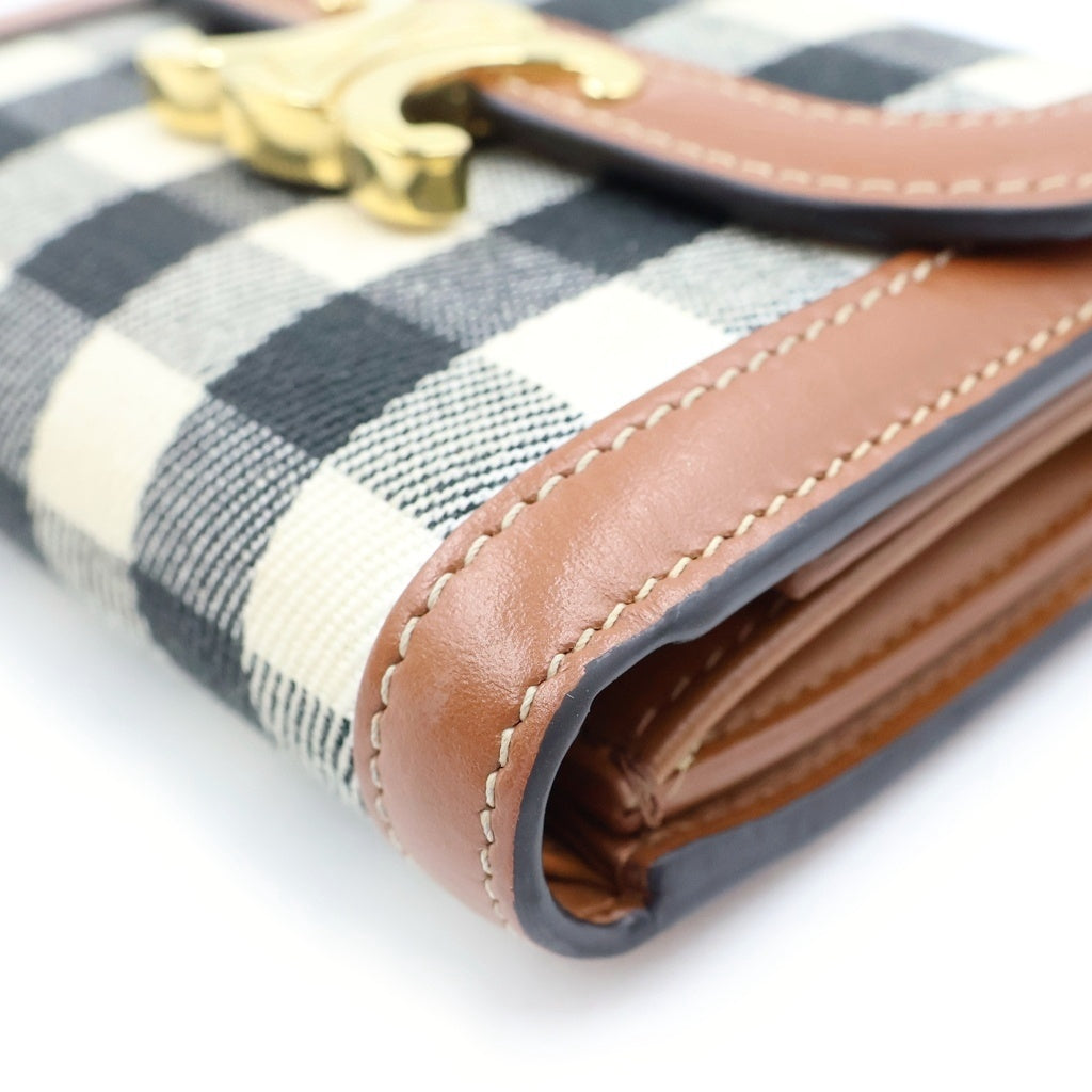 CELINE(セリーヌ) トリオンフ チェック 三つ折り財布 コンパクトウォレット コインケース ブラウン×アイボリー レザー ゴールド金具 レディース