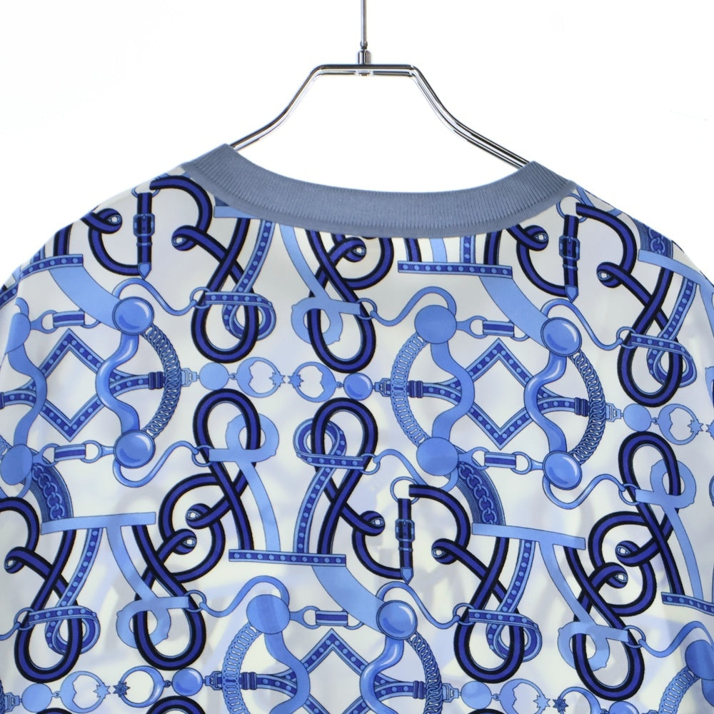 HERMES(エルメス) チェーン 馬具 総柄プリント シルク スカーフ クルーネック 半袖 Tシャツ カットソー ブルー/ホワイト レディース 2E0626DL
