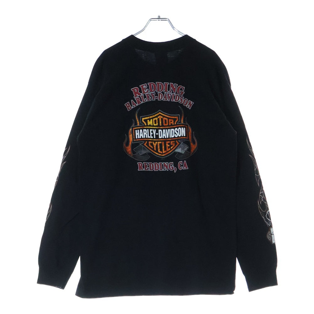 HARLEY DAVIDSON(ハーレーダビッドソン) 00s FLAMES THUNDER L/S TEE 2008 USA製 刺繍 サンダープリント 長袖Tシャツ カットソー ブラック