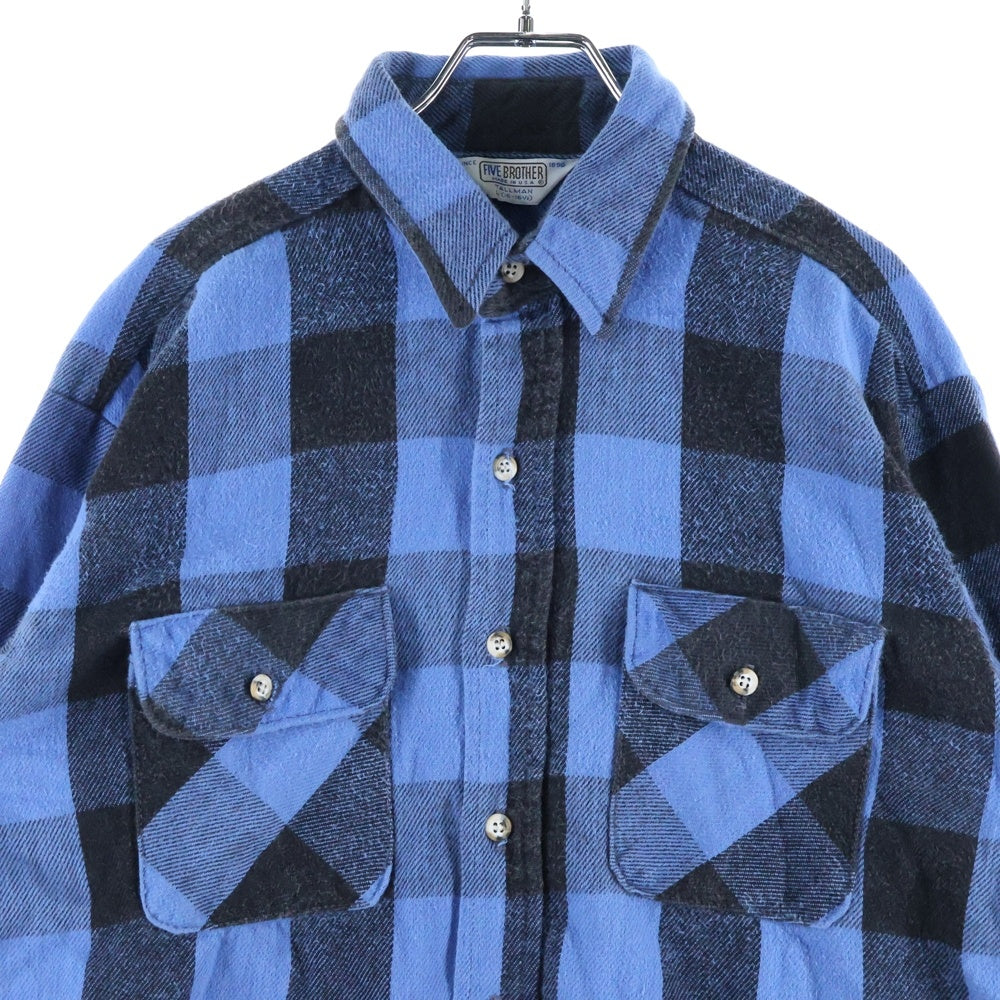 VINTAGE(ヴィンテージ) 80s FIVE BROTHERS ファイブブラザーズ ブロック チェック 長袖 シャツ ブルー