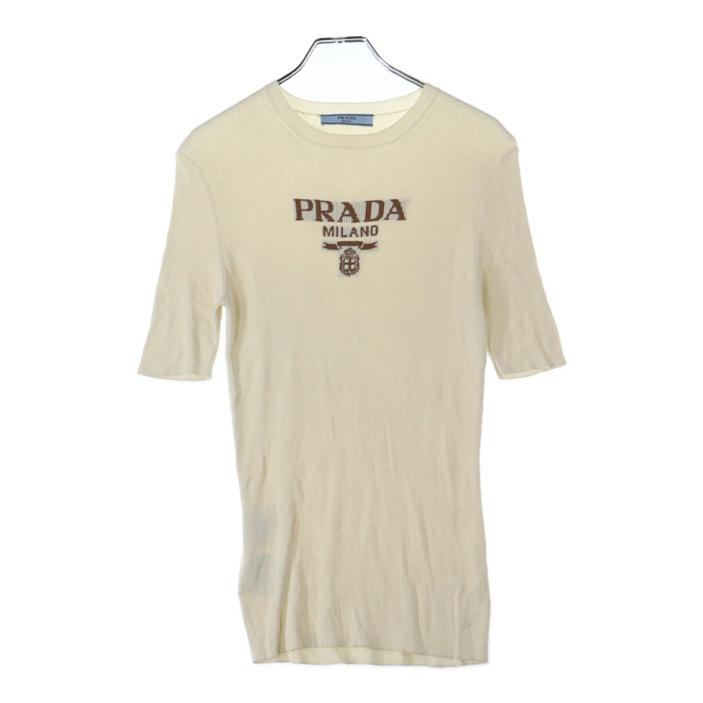 PRADA(プラダ) ロゴ入り シルク クルーネック半袖ニット セーター レディース アイボリー P24T1F S222 11MY