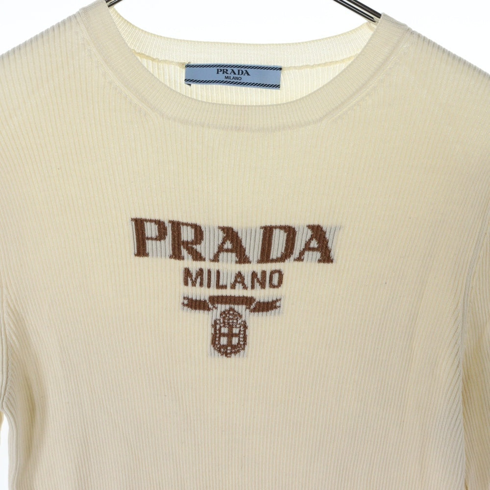 PRADA(プラダ) ロゴ入り シルク クルーネック半袖ニット セーター レディース アイボリー P24T1F S222 11MY