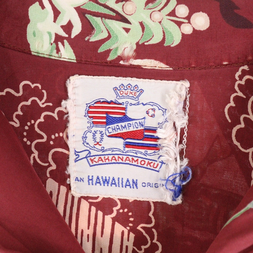 DUKE KAHANAMOKU( デュークカハナモク) 40-50S CHAMPION HAWAIIAN L/S SHIRT ハワイアンアロハ 長袖シャツ レッド