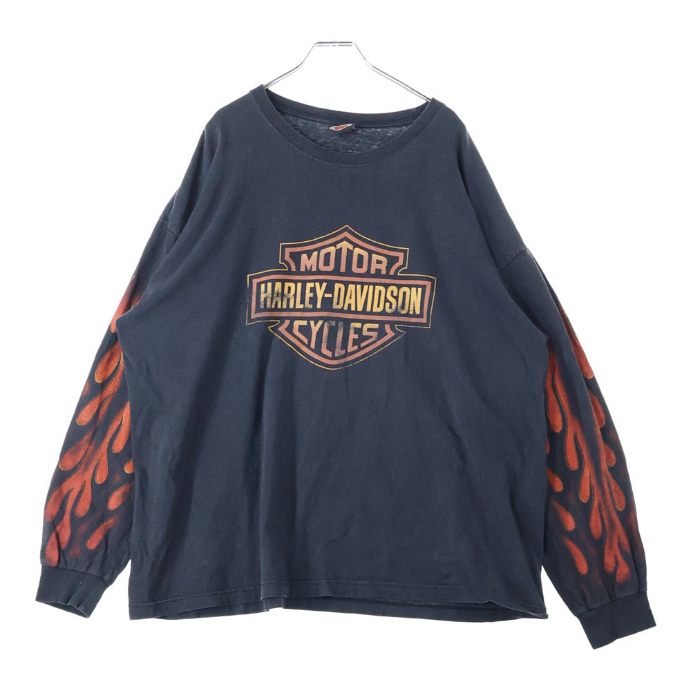 HARLEY DAVIDSON(ハーレーダビッドソン) 00s Bar&Shield Inferno Flames L/S Tee バーアンドシールド インフェルノフレイムス 袖ファイヤー ロングスリーブ 長袖Tシャツ ブラック