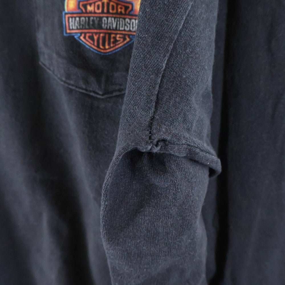 HARLEY DAVIDSON(ハーレーダビッドソン) 10s FLAMES POCKET BAR&SHIELD L/S TEE 袖フレイムス ファイヤー バーアンドシールド プリント 2016 胸ポケット長袖Tシャツ ブラック