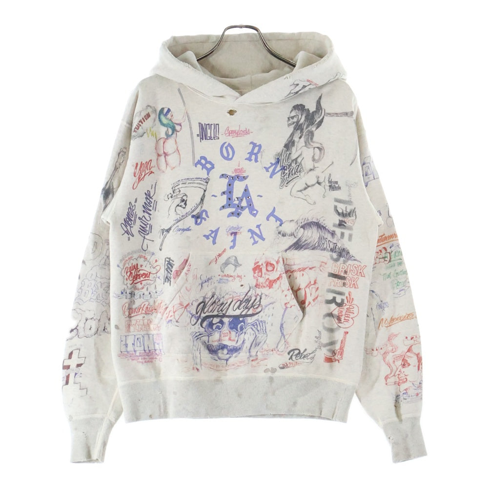 SAINT MICHAEL(セントマイケル) 24SS ×BORN RAISED BR HOODIE LA ボーンレイズド グラフィックプリント スタッズ装飾 プルオーバースウェットパーカー フーディー マルチ SM-YS8-0000-C11