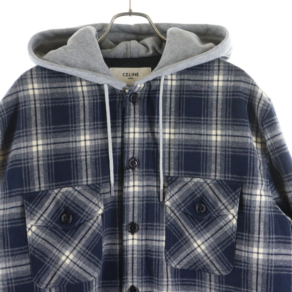 CELINE(セリーヌ) HOODED CHECK SHIRTS JACKET 2W65B912X.07MR フード付き チェックシャツジャケット オーバーサイズ ネイビー