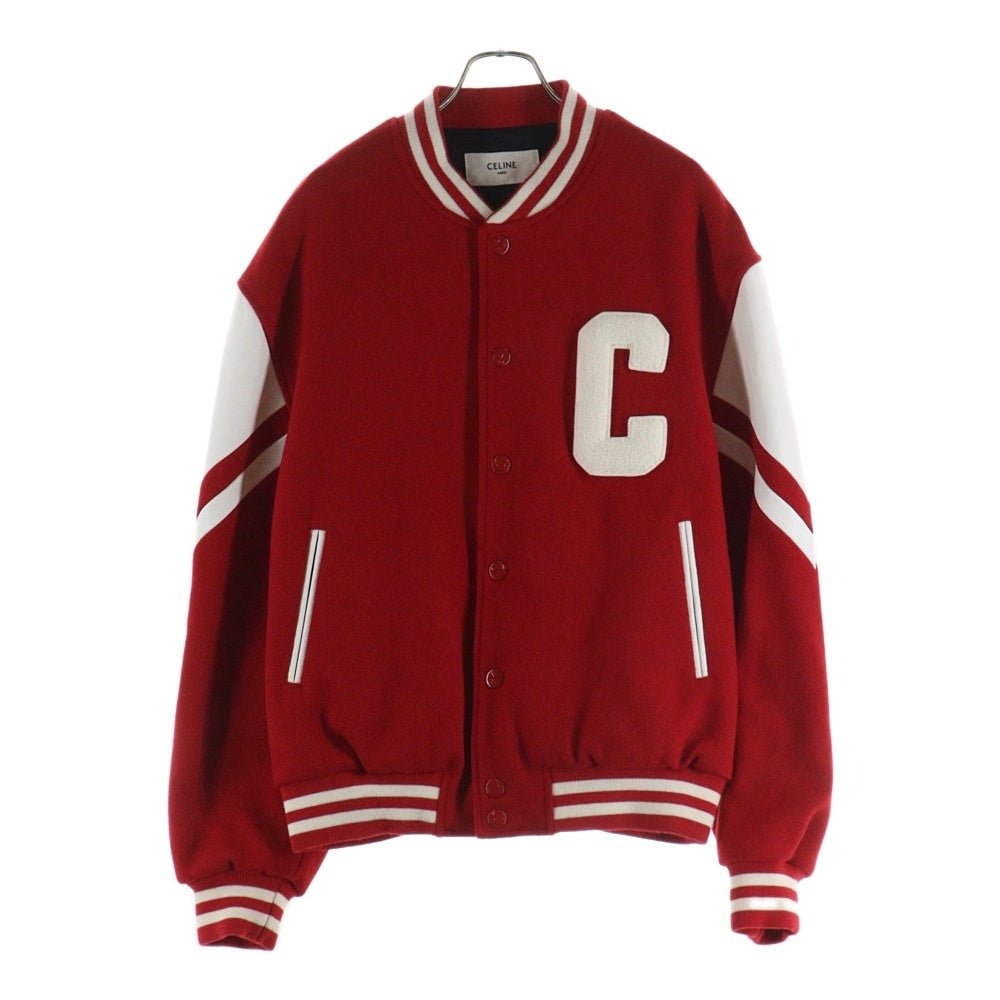 CELINE(セリーヌ) 23AW JACKSON Thick Wool Plush Jacket 2V58N896C.27ED ジャクソン Cロゴスタジャン スタジアムジャケット ウール/レザー レッド