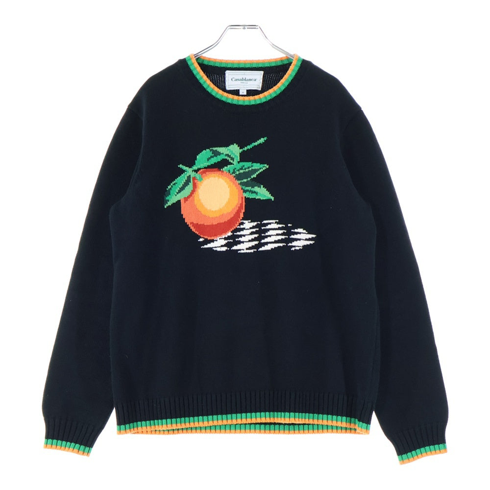 CASABLANCA(カサブランカ) 21AW ORENGE CREW NECK KNIT フロント フルーツ クルーネック ニット ブラック CASABLANCA21FW-3