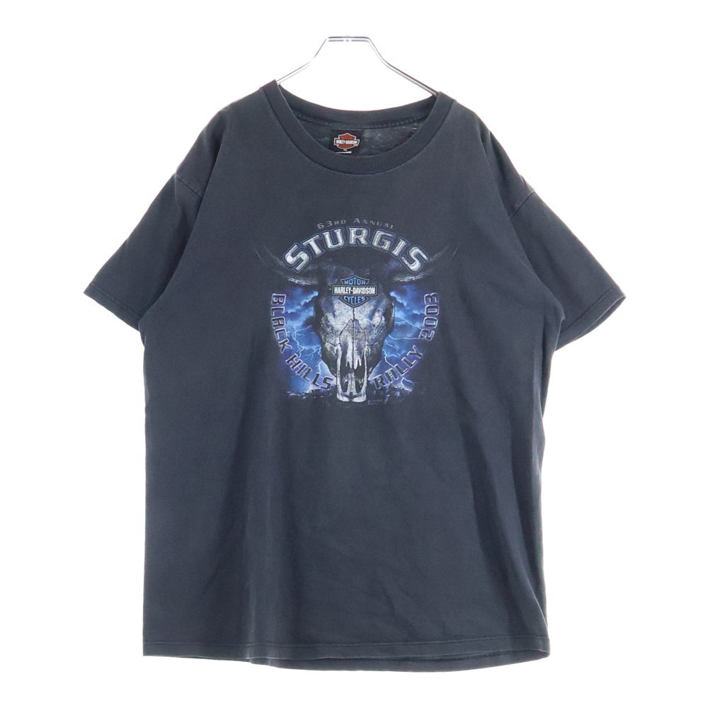 HARLEY DAVIDSON(ハーレーダビッドソン) 00s VINTAGE STURGIS LITHNIG THUNDER COW SKULL HOLOUBEK カウスカル ライトニングサンダー 半袖Tシャツ ブラック/ブルー