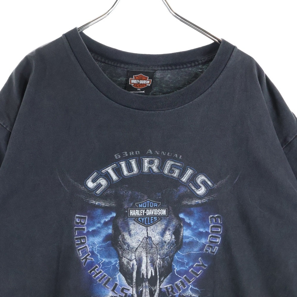 HARLEY DAVIDSON(ハーレーダビッドソン) 00s VINTAGE STURGIS LITHNIG THUNDER COW SKULL HOLOUBEK カウスカル ライトニングサンダー 半袖Tシャツ ブラック/ブルー