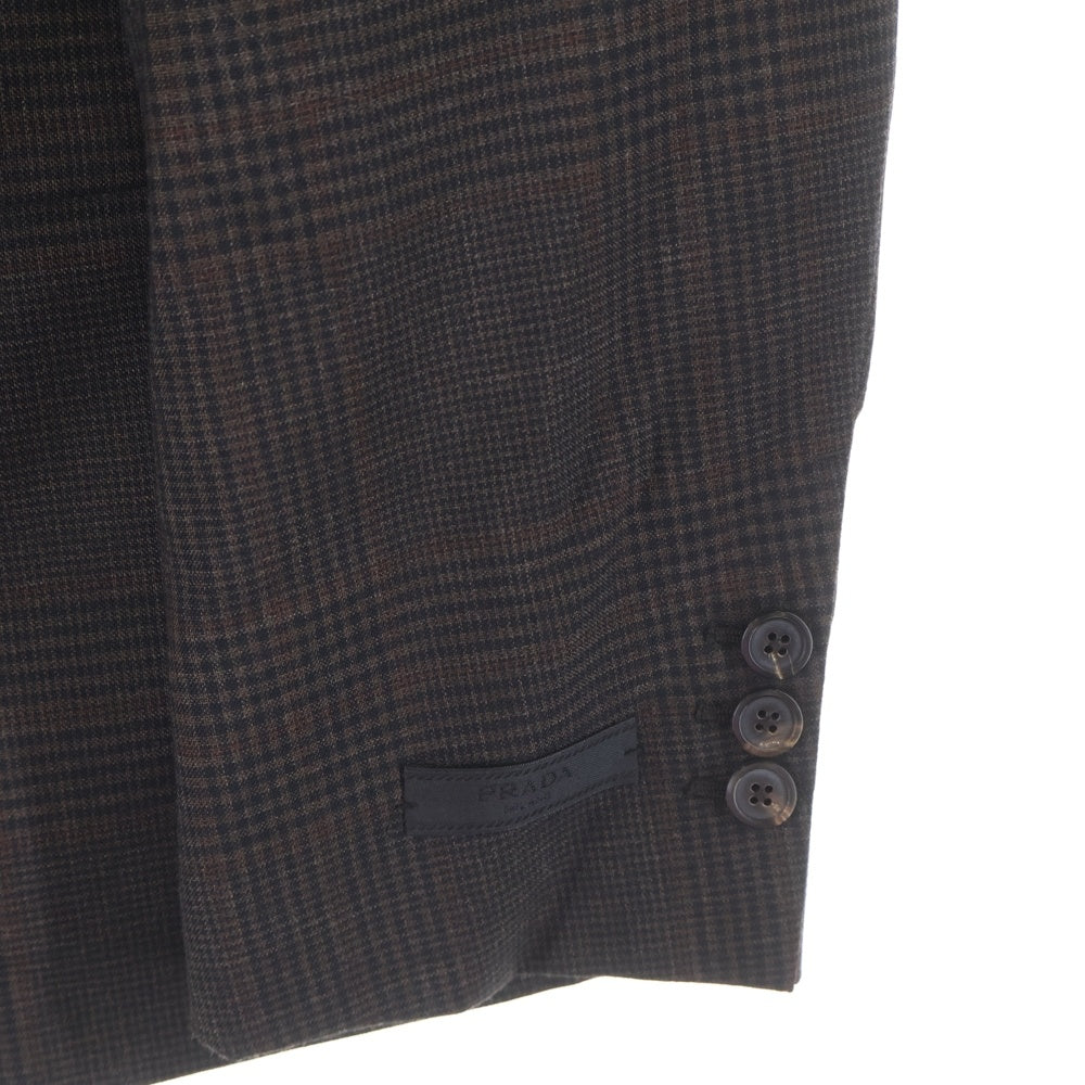 PRADA(プラダ) シングルブレスト モヘアウール チェック柄 袖ロゴテーラードジャケット UGM169 ブラウン