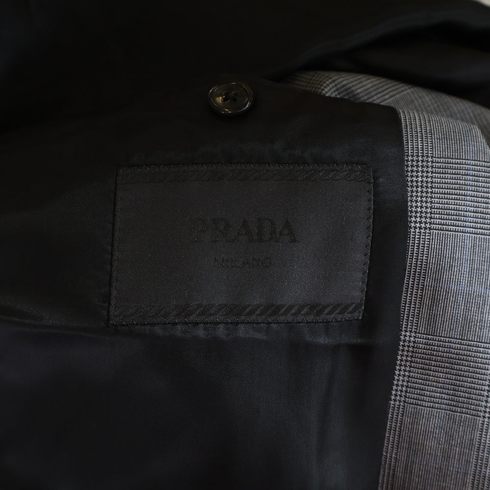 PRADA(プラダ) シングルブレスト モヘアウール チェック柄 袖ロゴテーラードジャケット UGM169 グレー