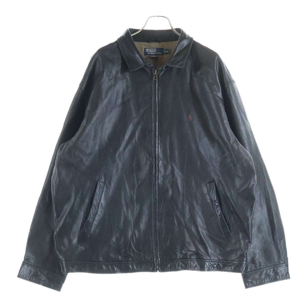 POLO RALPH LAUREN(ポロラルフローレン) 90-00S SINGLE LEATHER JACKET 襟付き 刺しゅう レザー ブルゾン ジャケット ブラック