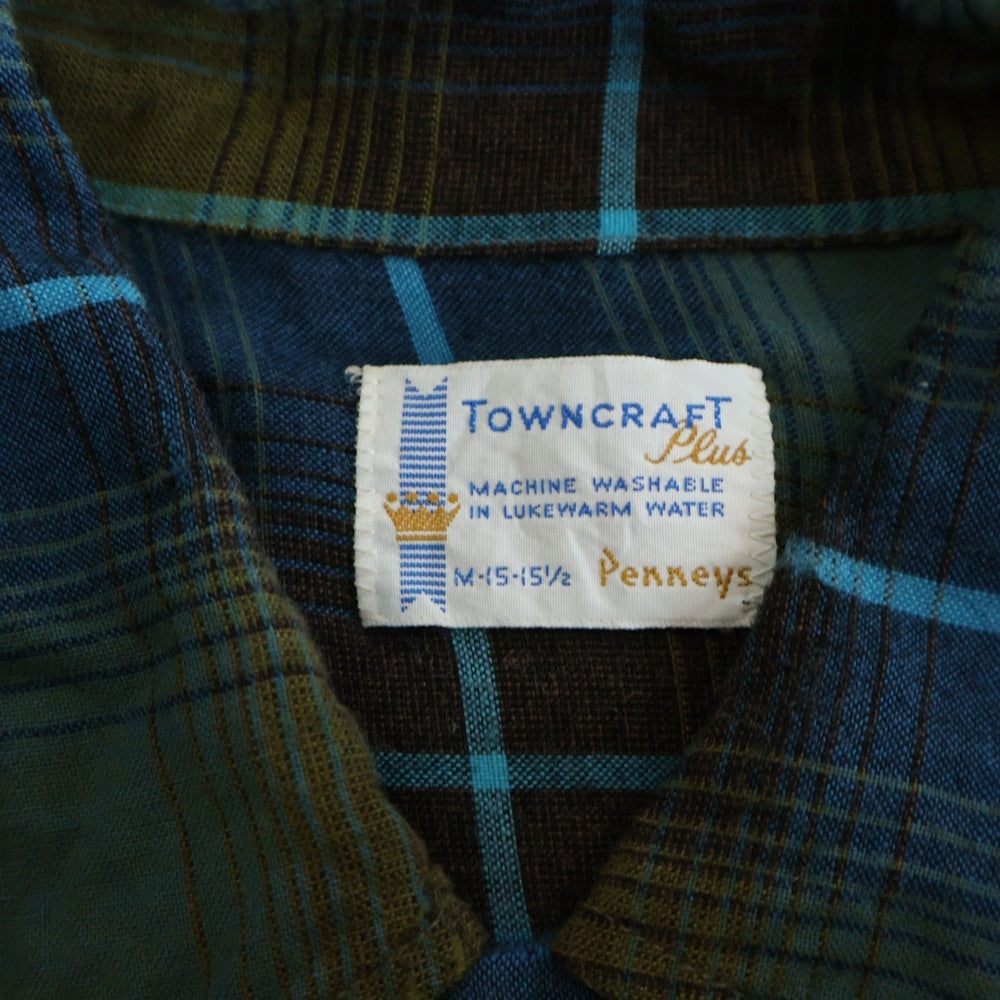VINTAGE(ヴィンテージ) 60S TOWNCRAFT PLUS タウンクラフト プラス RAYON OMBRE CHECK L/S SHIRTS 襟芯 オンブレ チェック レーヨン 長袖チェック シャツ ブルー/カーキ
