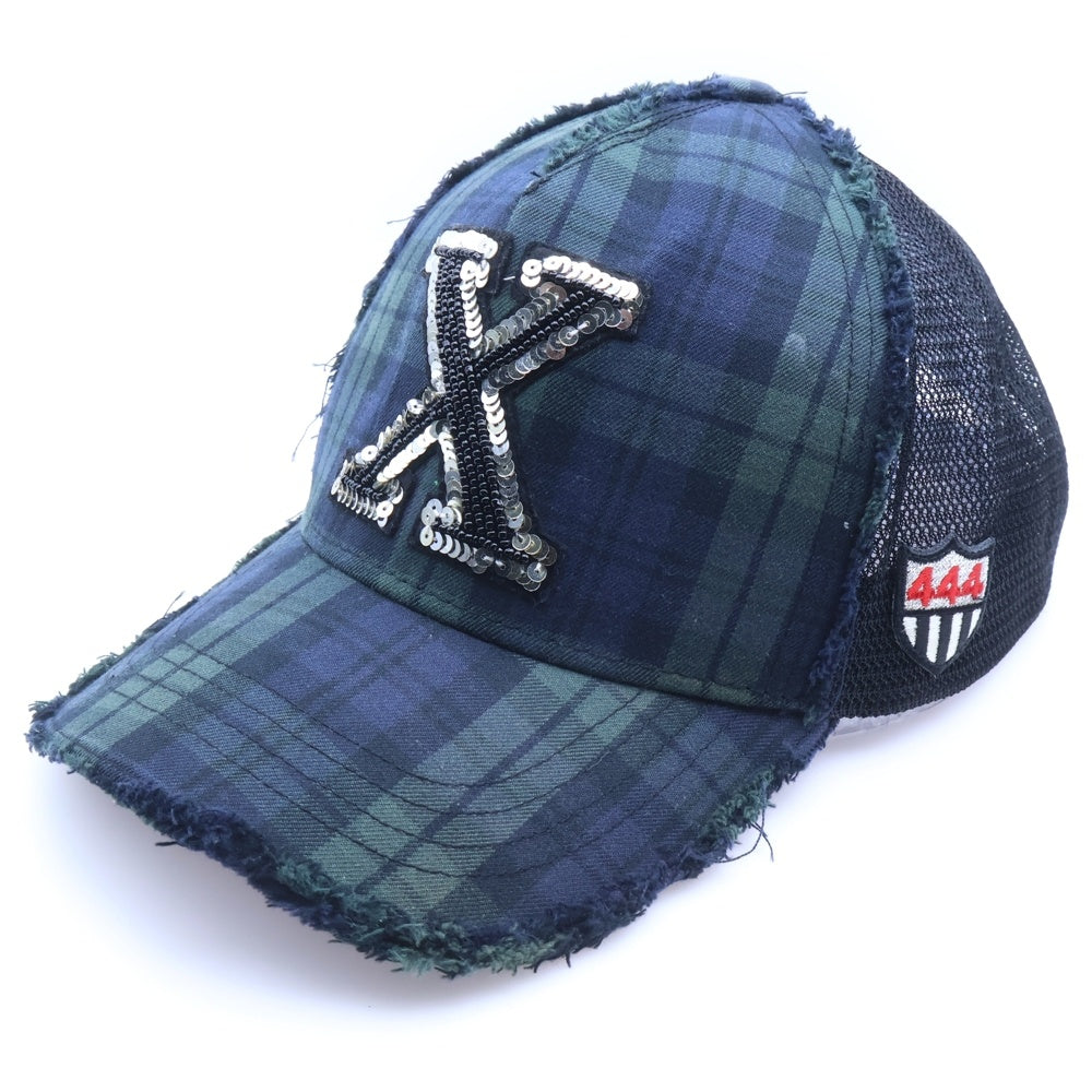 YOSHINORI KOTAKE(ヨシノリコタケ) スパンコール X チェック柄 メッシュキャップ ワッペン付き グリーン/ブラック