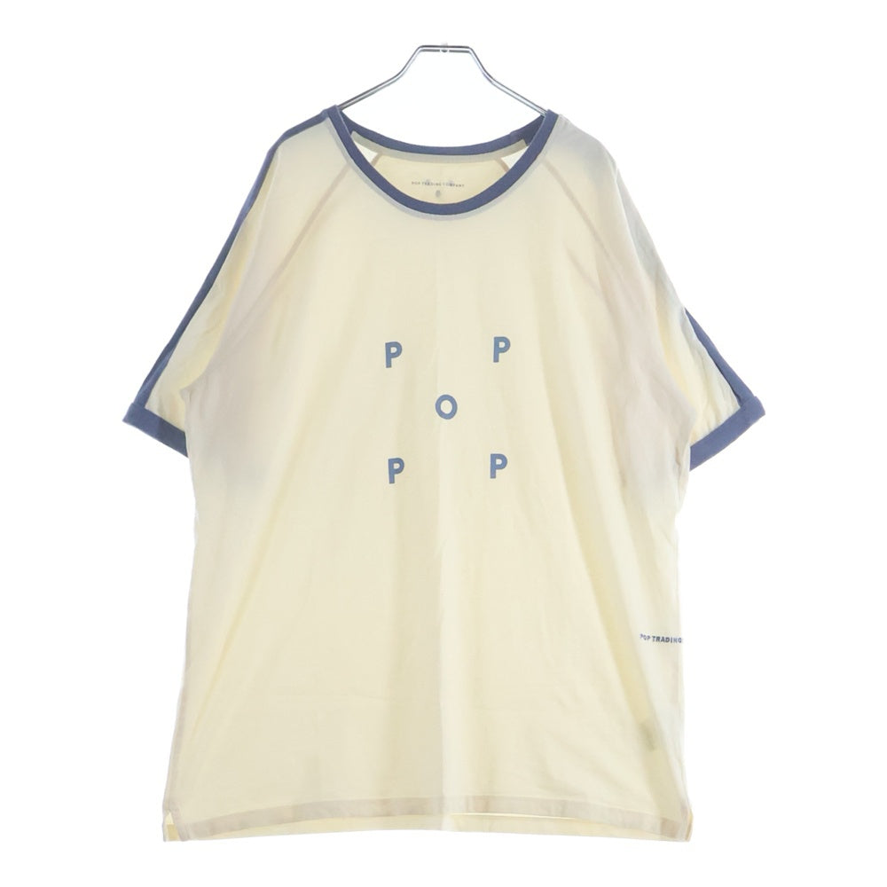 POP TRADING COMPANY(ポップトレーディングカンパニー) KEENAN T-SHIRT ロゴプリント リブカラー 半袖Tシャツ アイボリー/ライトブルー