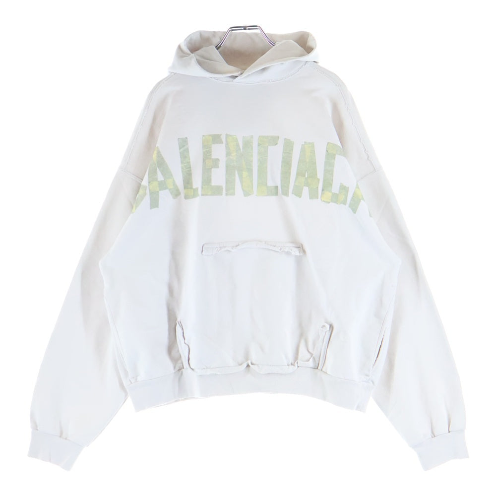 BALENCIAGA(バレンシアガ) 23SS Tape Type Ripped Pocket Hoodie テープタイプロゴ ヴィンテージ加工プルオーバーフーディパーカー 744441 TOVB1 アイボリー