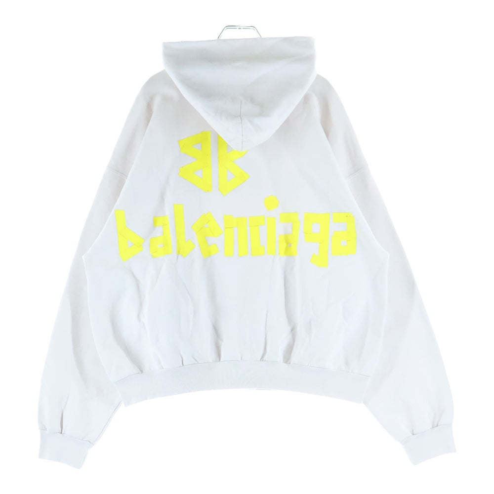 BALENCIAGA(バレンシアガ) 23SS Tape Type Ripped Pocket Hoodie テープタイプロゴ ヴィンテージ加工プルオーバーフーディパーカー 744441 TOVB1 アイボリー