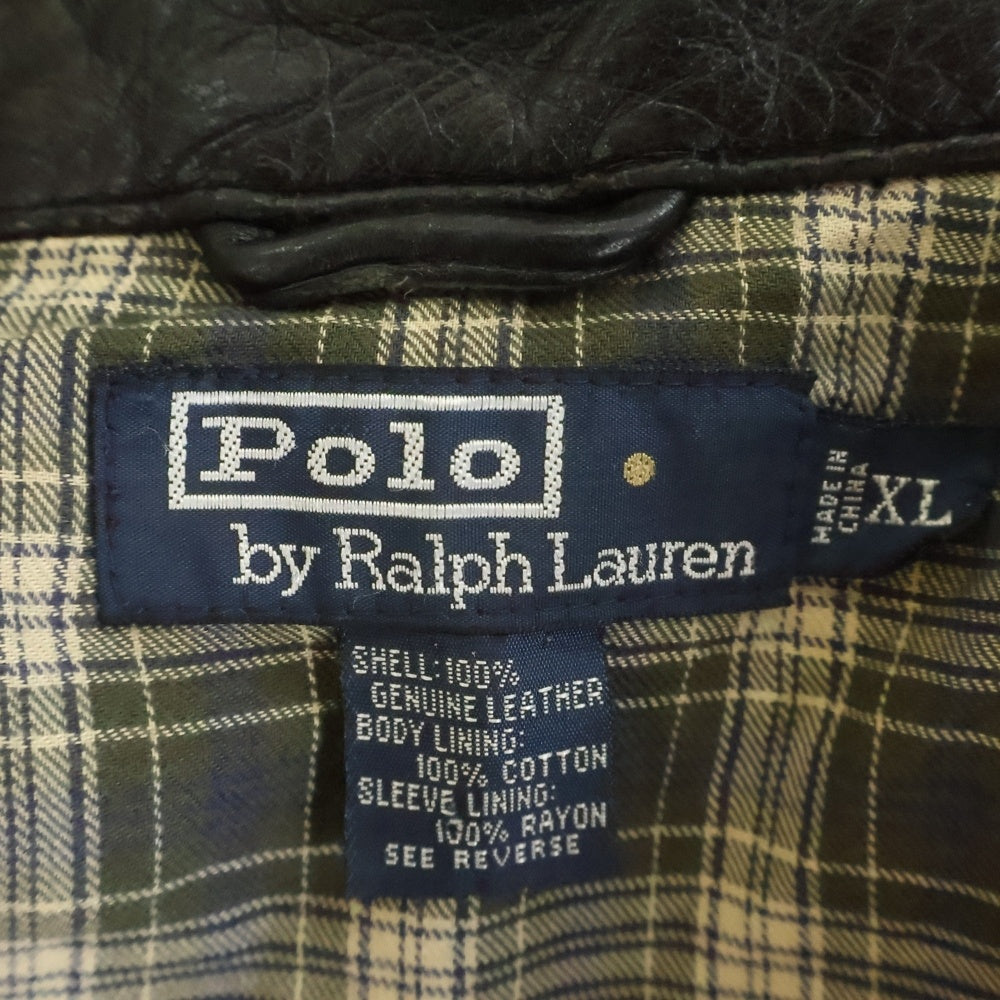 POLO RALPH LAUREN(ポロラルフローレン) 90s VINTAGE NO PONY LEATHER JACKET ノーポニー 馬ナシ チンストラップ YKKジップ 裏地チェック レザー スイングトップジャケット ブラック