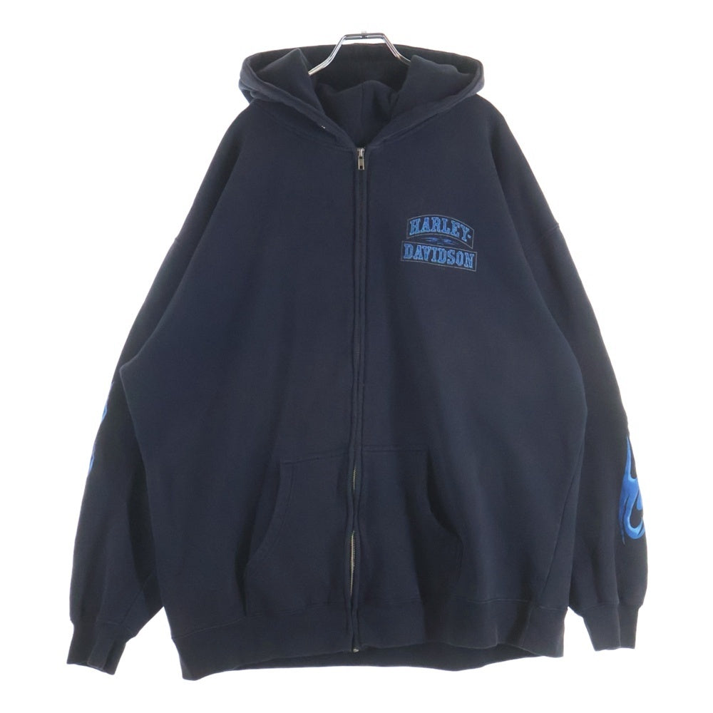HARLEY DAVIDSON(ハーレーダビッドソン) 10s FLAMES ZIP HOODIE 袖ファイヤー ブルーフレイムス ジップアップパーカー ダークネイビー