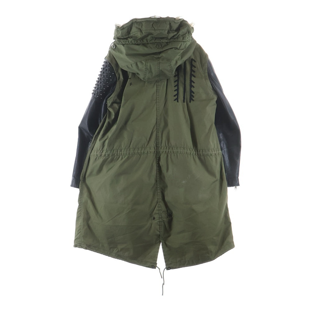 NO BRAND(ノーブランド) YEAH RIGHT!! REMAKE LEATHER SLEEVE MODS COAT リメイク レザースリーブ モッズコート カーキ