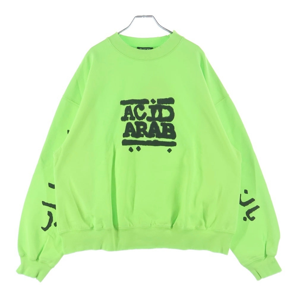 BALENCIAGA(バレンシアガ) ロゴ ダメージ加工 クルーネック長袖スウェットトレーナー ライムグリーン 697869 TMVP7