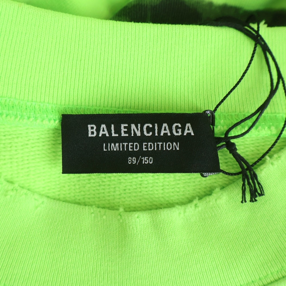 BALENCIAGA(バレンシアガ) ロゴ ダメージ加工 クルーネック長袖スウェットトレーナー ライムグリーン 697869 TMVP7