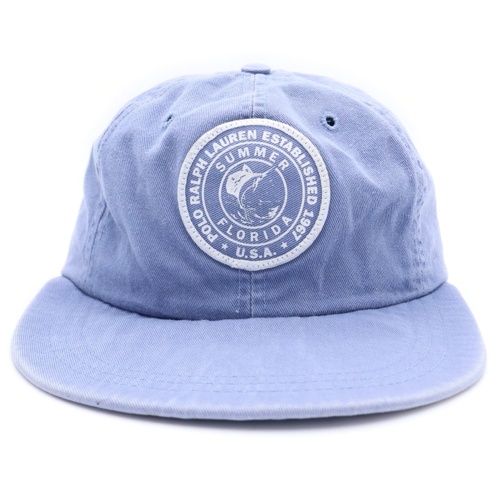 POLO RALPH LAUREN(ポロラルフローレン) 80-90S ESTABLISHED 1967 SUMMER FLORIDA SWORDFISH CAP USA製 メカジキ ワッペン コットン ベースボールキャップ ブルー