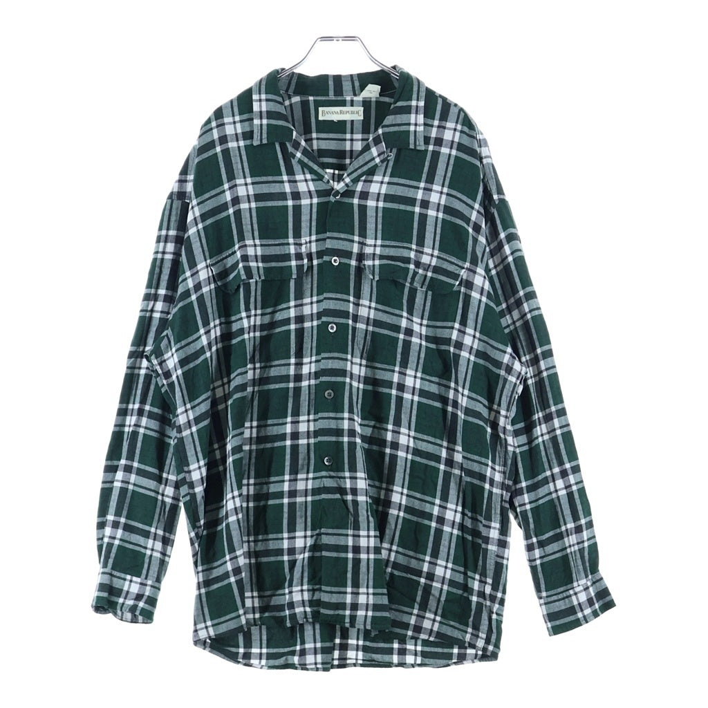 BANANA REPUBLIC(バナナリパブリック) 90S VINTAGE OPEN COLLAR RAYON CHECK L/S SHIRT 香港製 オープンカラー レーヨン チェック 長袖シャツ グリーン/ホワイト/ブラック