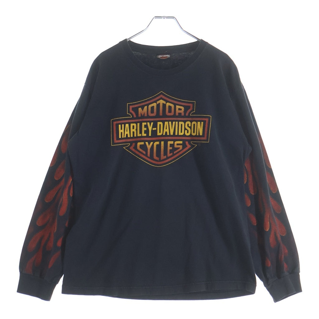 HARLEY DAVIDSON(ハーレーダビッドソン) 00S BAR&SHIELD INFERNO FLAME SLEEVE CYCLE CONNECTION L/S TEE 袖フレイム 両面プリント 長袖カットソーTシャツ ブラック