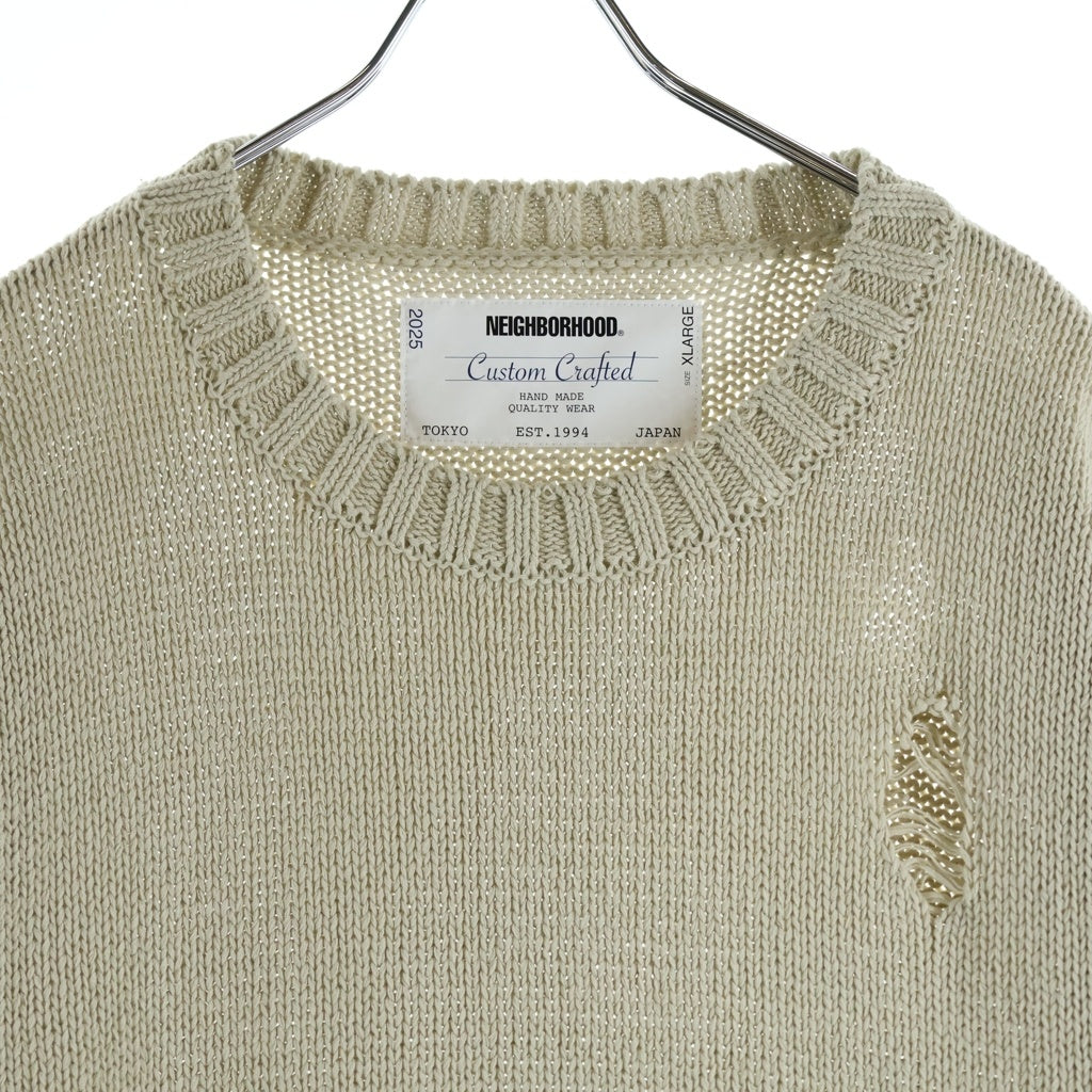 NEIGHBORHOOD(ネイバーフッド) SAVAGE CREWNECK SWEATER 251FUNH-KNM03 サベージ クルーネックダメージ加工 長袖ニットセーター アイボリー