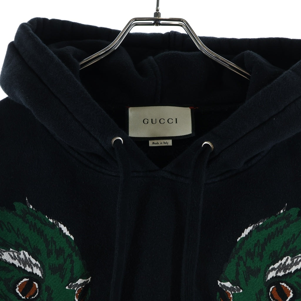 GUCCI(グッチ) LOVED Tiger-print cotton hooded sweatshirt タイガープリント プルオーバー パーカー ブラック 475374 XJAKO