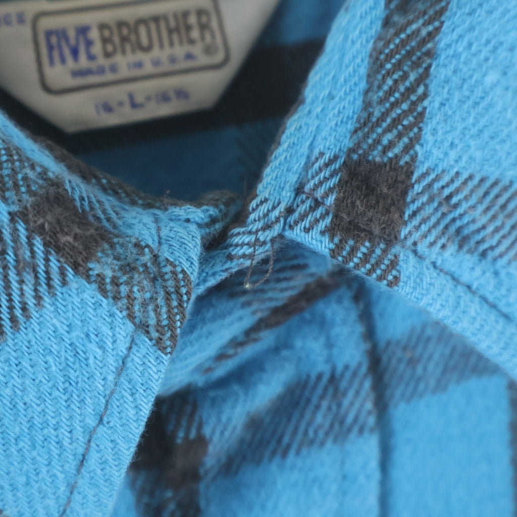 FIVE BROTHERS(ファイブブラザー) 70-80S VINTAGE FLANNEL CHECK L/S SHIRT USA製 三角タグ フランネル チェック 長袖シャツ ターコイズ ブルー/ブラック
