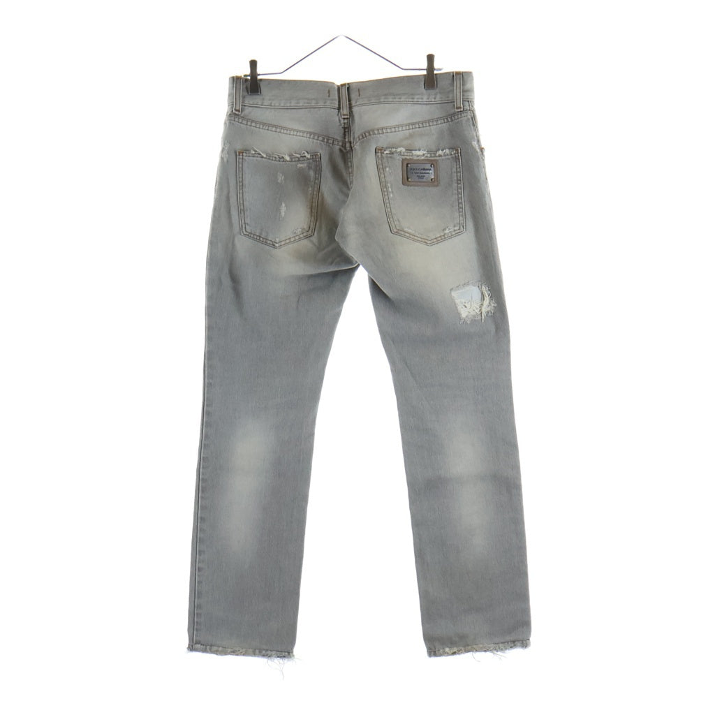 DOLCE & GABBANA(ドルチェアンドガッバーナ) LOGO PLATE DAMAGED DENIM PANTS ダメージ クラッシュ加工 デニムパンツ グレー GZN9LD G8F81