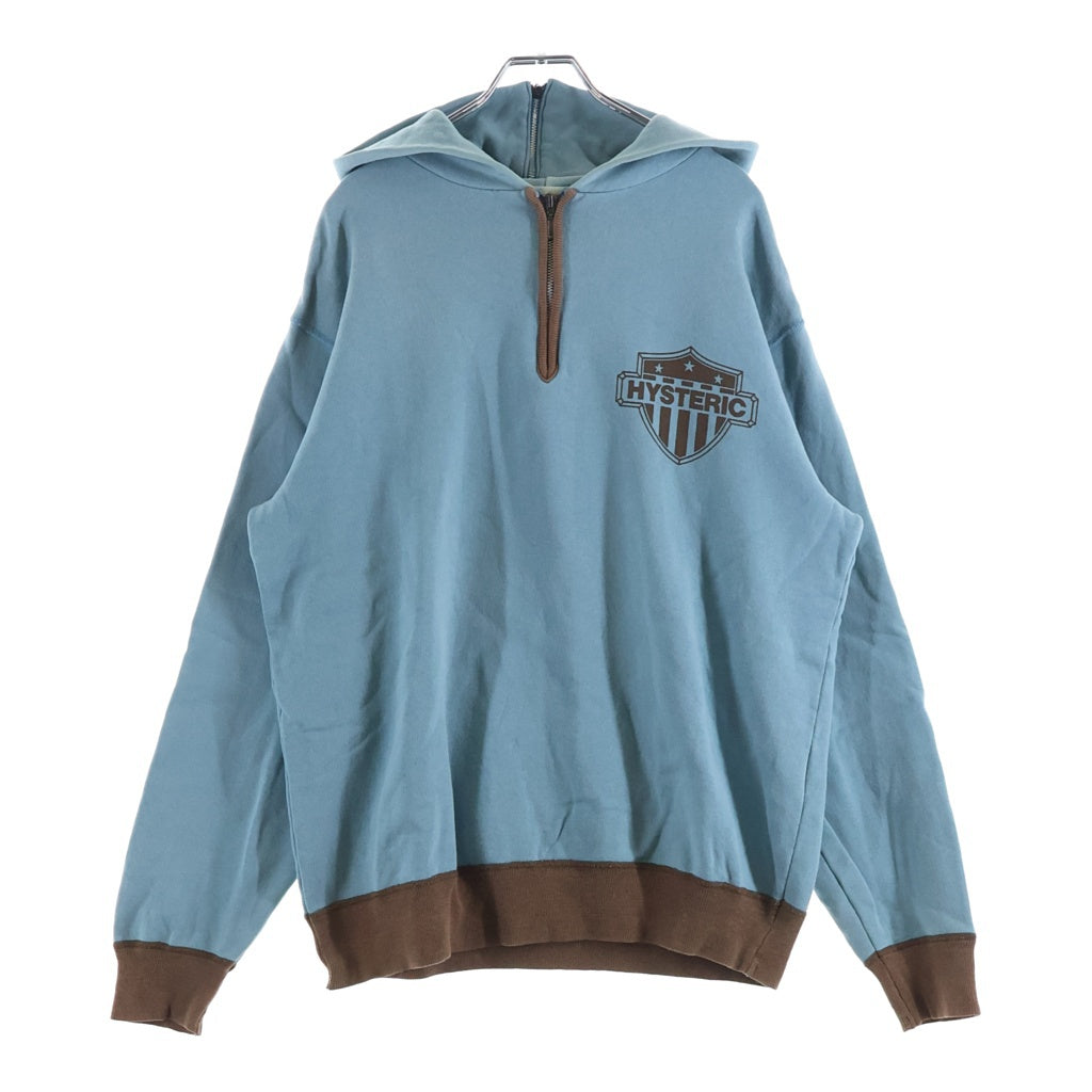 HYSTERIC GLAMOUR(ヒステリックグラマー) 90S OLD SPELLOUT LOGO HALF ZIP SWEAT PARKA オールド スウェット ハーフジップ パーカー フーディ ブルー/ブラウン 2CF-4955