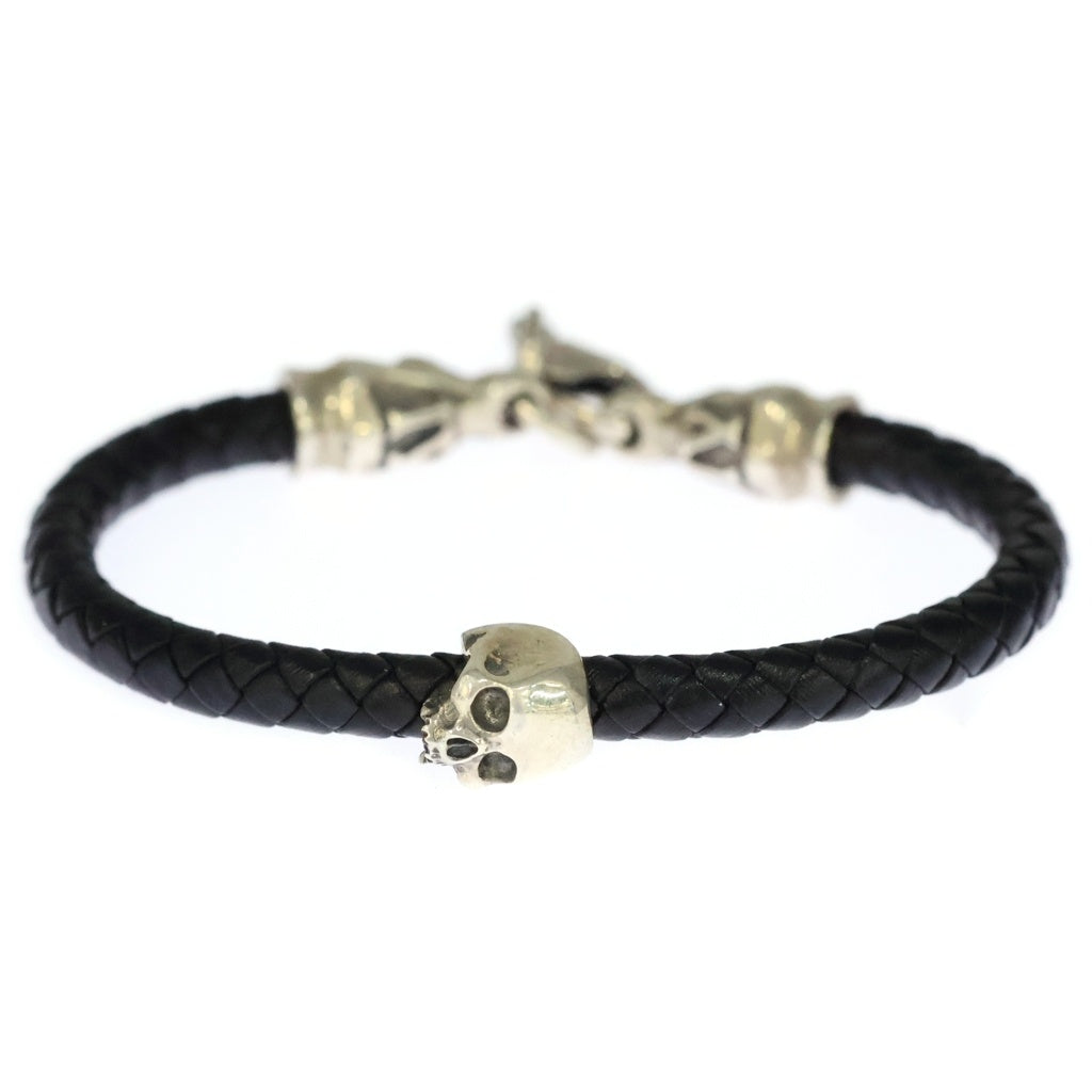 CRAZY PIG(クレイジーピッグ) SINGLE SKULL BRAIDED LEATHER BRACELET シングル スカル ブレイディド レザー ブレスレット ブラック/シルバー