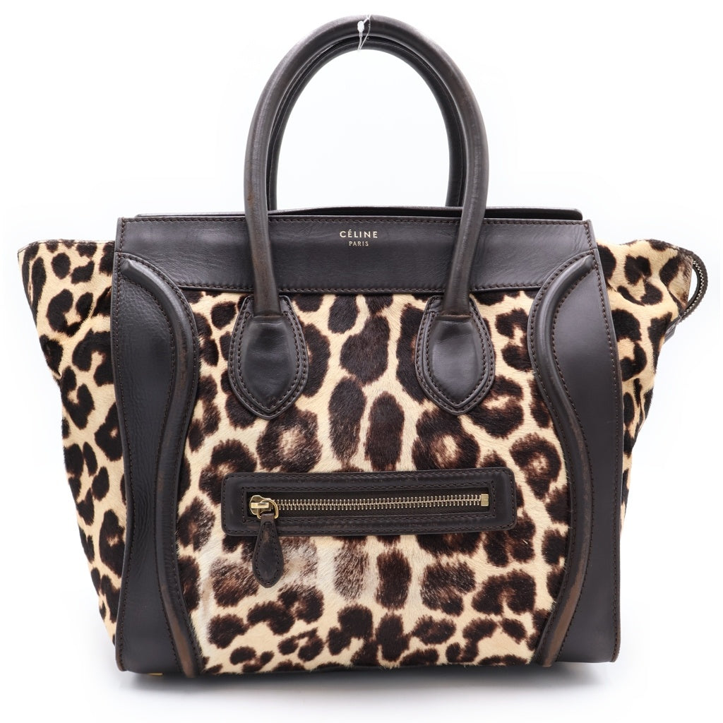 CELINE(セリーヌ) Leopard Luggage Mini Shopper Tote Bag ラゲージ ミニ ショッパー レオパード ハラコ ハンドバッグ ベージュ/ブラック レディース
