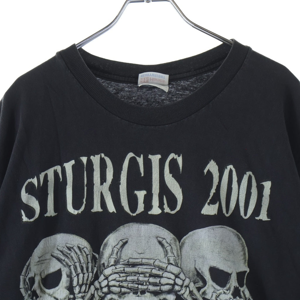 VINTAGE(ヴィンテージ) 00S SOUTH DAKOTA STURGIS 2001 スカル 見ざる 言わざる 聞かざる 両面プリント半袖カットソーTシャツ ブラック