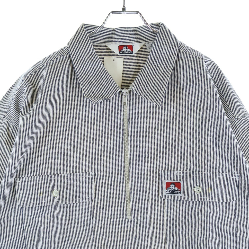 BEN DAVIS(ベンデイビス) DEADSTOCK HALF ZIP WORK SHIRT デッドストック ヒッコリー ストライプ ハーフジップ 長袖シャツ ホワイト/ネイビー