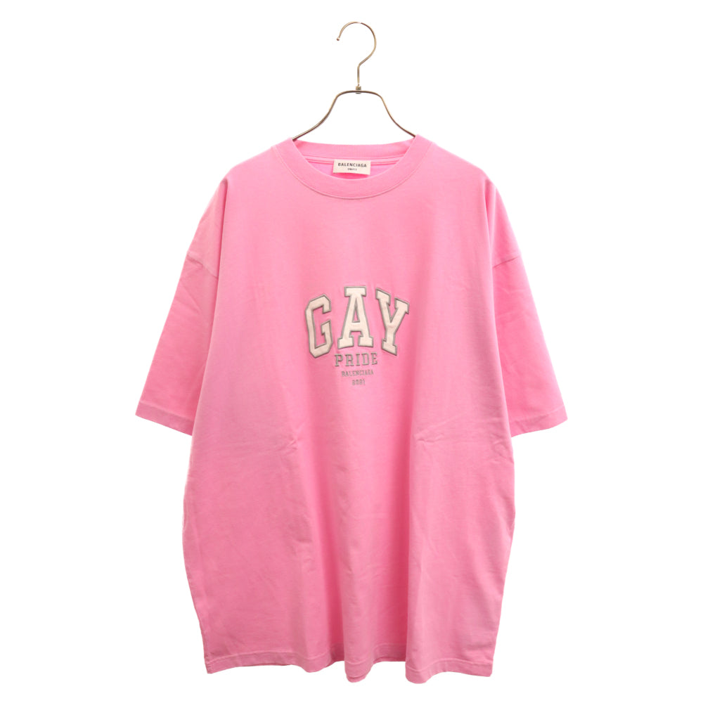BALENCIAGA(バレンシアガ) 21SS Gay Pride Text Print Boxy Cotton Jersey T-Shirt 651795 TLV93 ロゴ刺繍 オーバーサイズ半袖Tシャツ ピンク