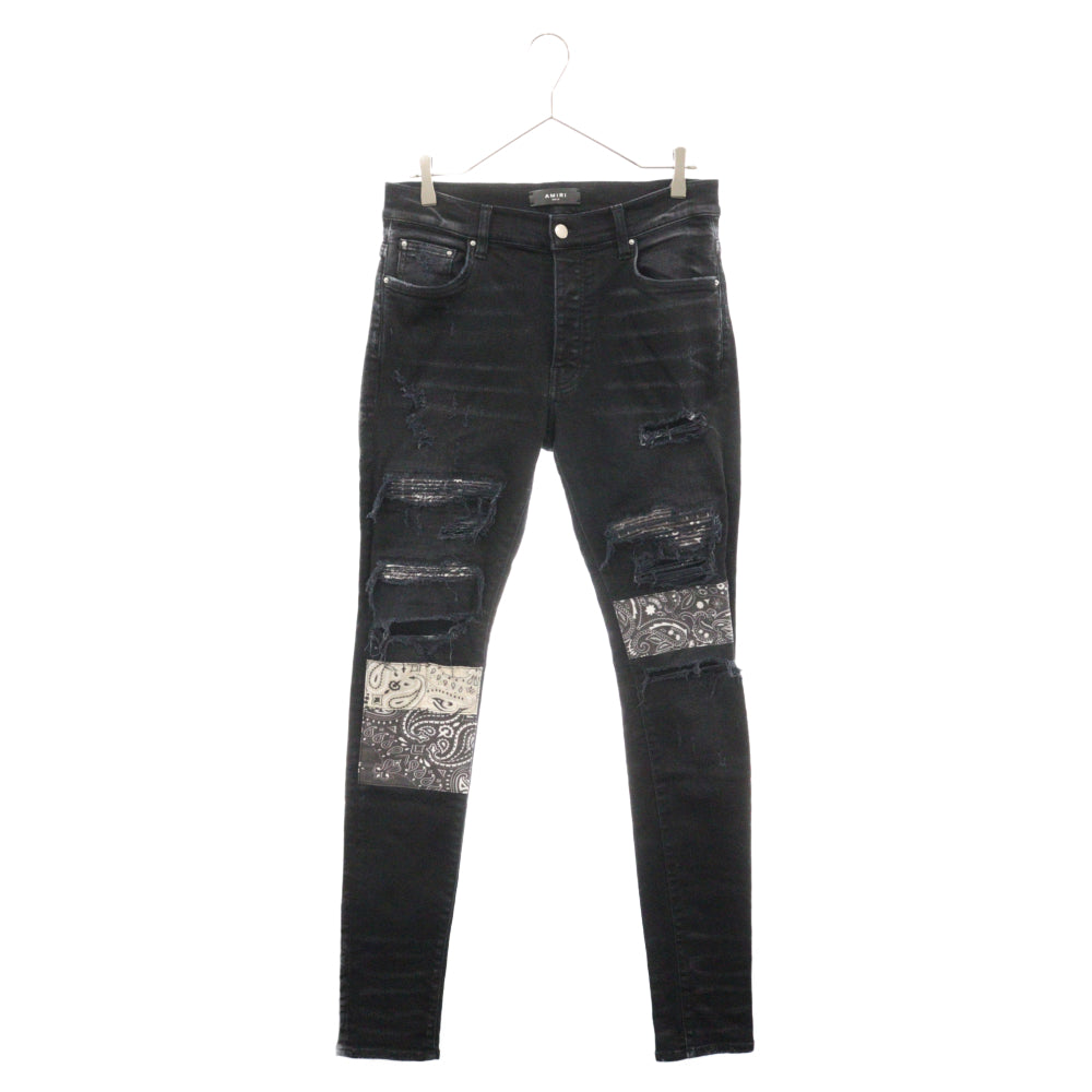 AMIRI(アミリ) 22AW MX1 Bandana Skinny Fit Jeans バンダナパッチ クラッシュ加工 スキニーデニムパンツ ジーンズ ブラック