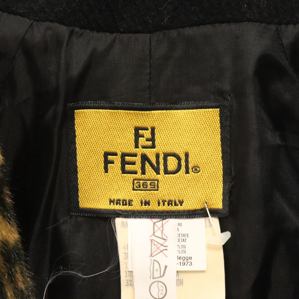 FENDI(フェンディ) モヘア ウール レオパード ファーライナー ロングコート ブラック/イエロー レディース